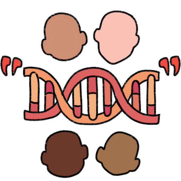  a red and orange DNA helix, separating four featureless faces of various skin tones, the lighter ones going above the helix and the darker ones going below. The DNA helix has red quotation marks on either side.